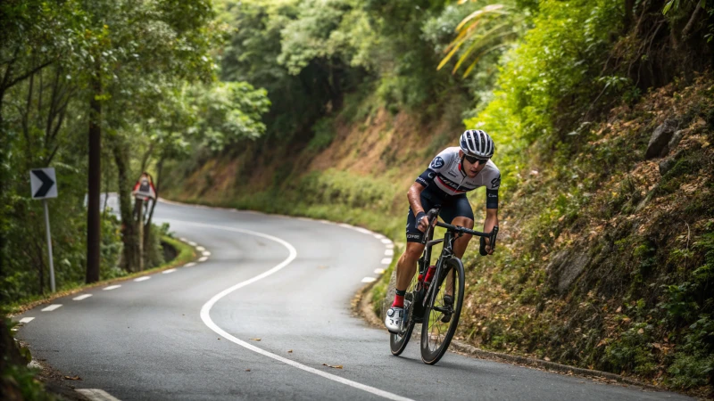 Cyclist climbing a hill surrounded by greenery