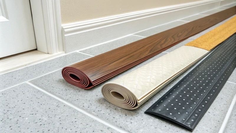 Three types of floor coving materials: vinyl, rubber, and epoxy in distinct strips.