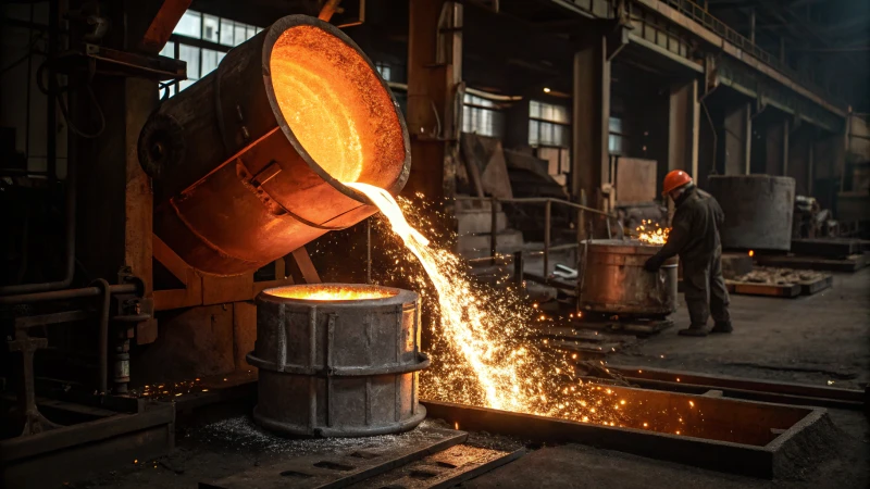 Molten aluminum being poured in a foundry