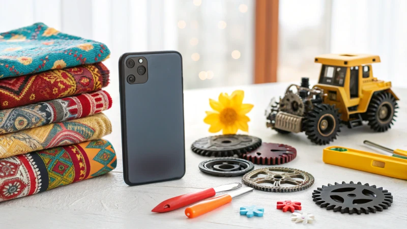 A collage of diverse import products including a smartphone, textiles, machinery parts, and children's toys.
