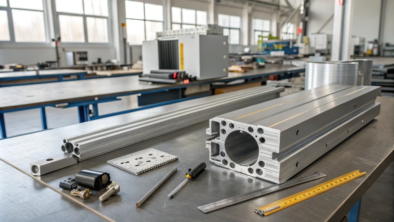 Industrial setting showcasing A356T6 aluminum cast and 6061 aluminum extrusions on a workbench.