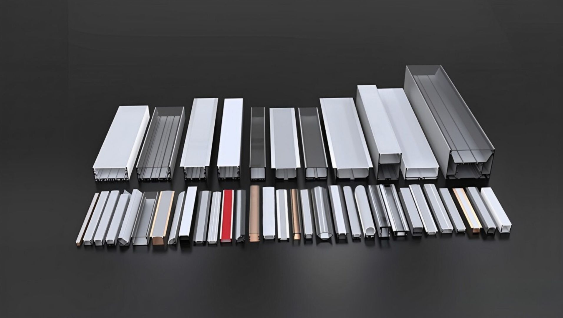 LED Aluminum Profiles Collection A collection of various LED aluminum profiles displayed on a table.