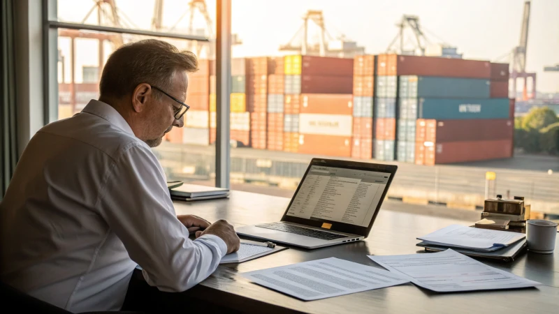 A middle-aged man with glasses working in a modern office filled with shipping documents.