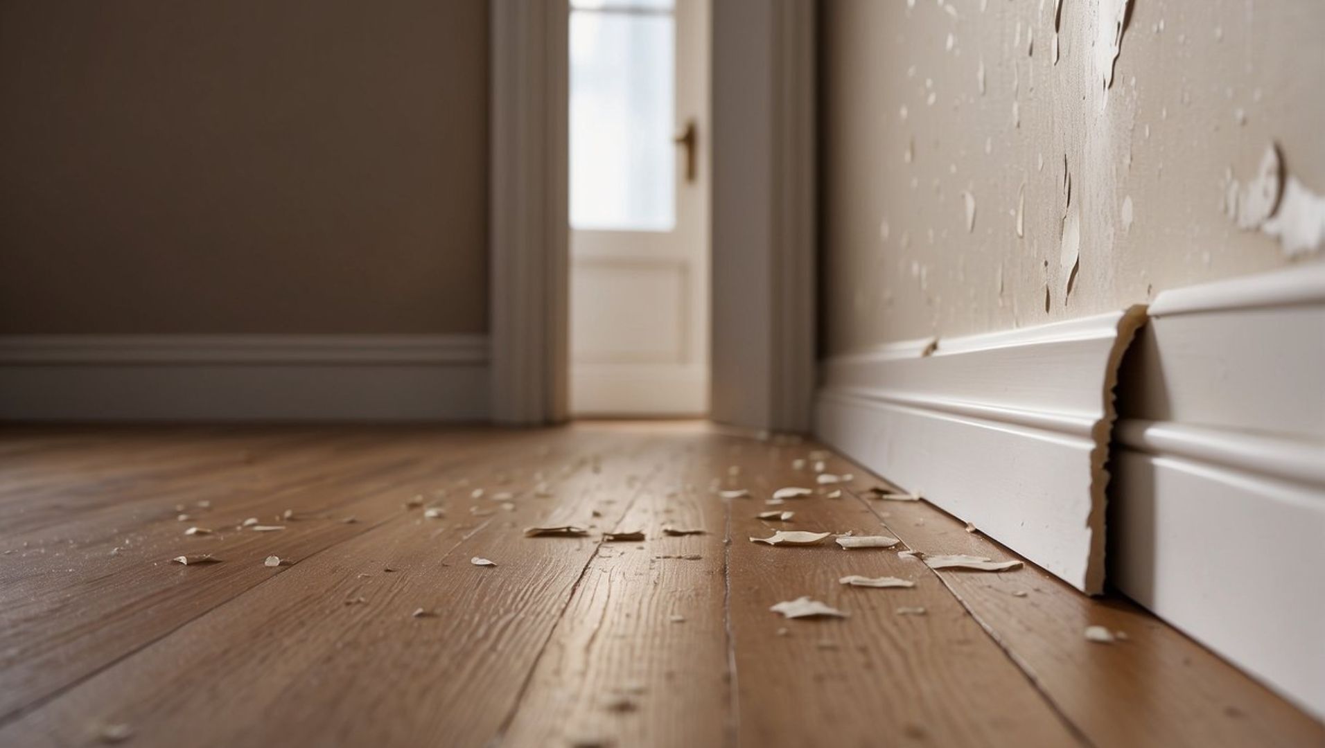 Close-up of a loose skirting board due to poor installation with visible gaps and misaligned edges.