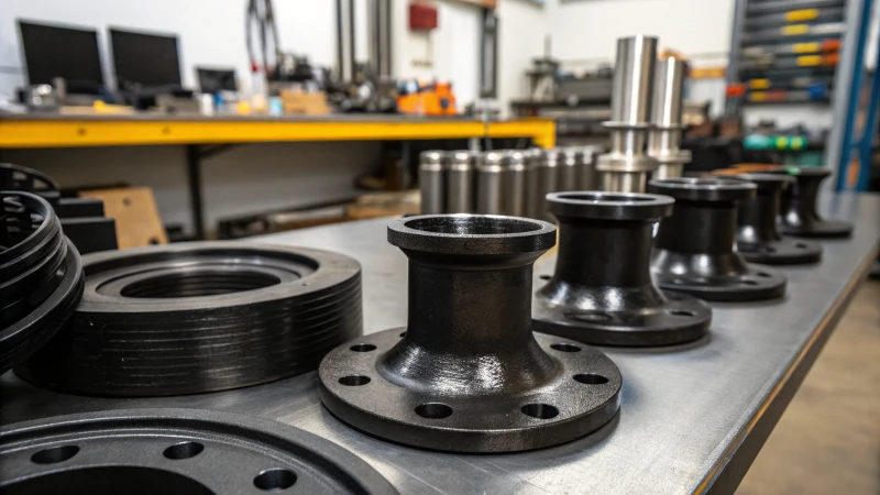 Close-up of metal components with black oxide coatings in a workshop