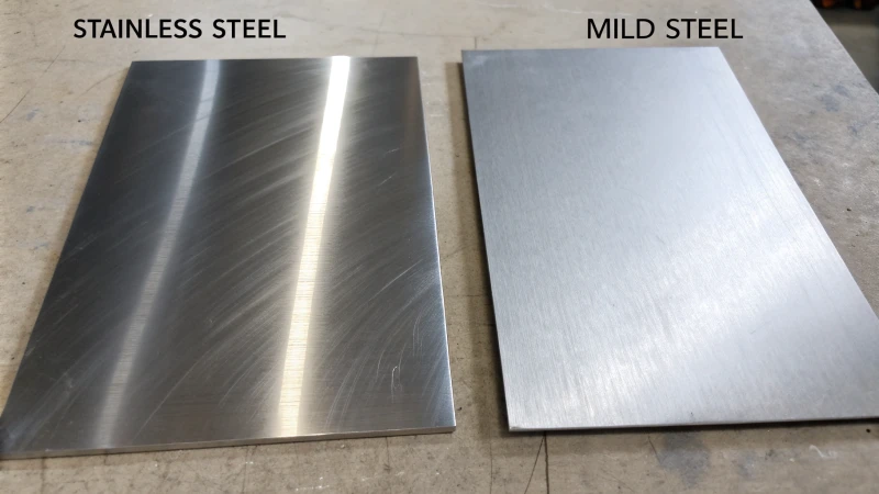 Two sheets of metal: one shiny stainless steel and one dull mild steel.