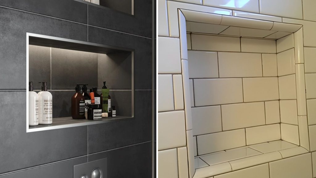 Close-up of metal tile trim and bullnose tile installed in a modern bathroom.