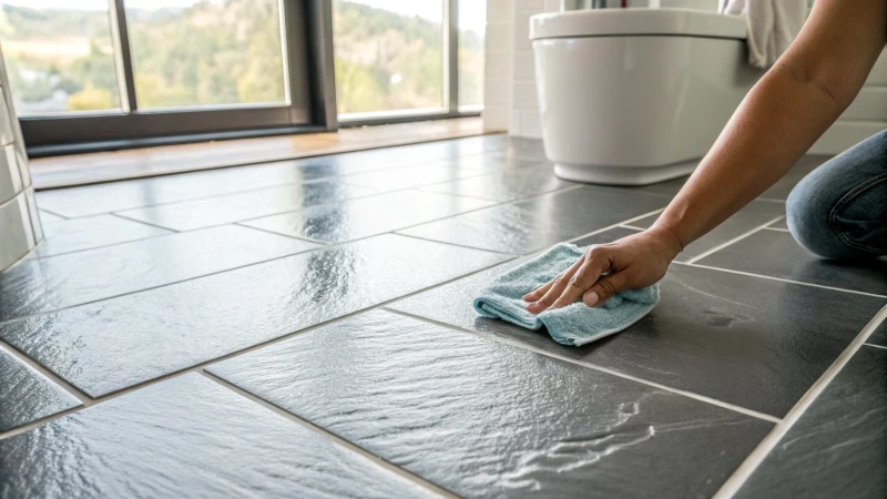 A close-up view of matte porcelain tiles in a modern bathroom with a hand holding a cleaning cloth.