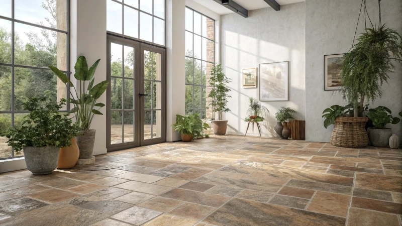A modern interior room with eco-friendly tiles and indoor plants