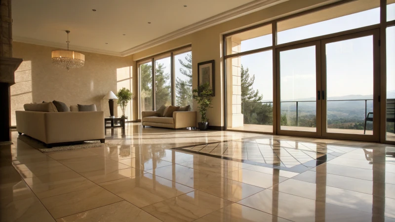 Modern living room with high gloss tiles and minimalist furniture