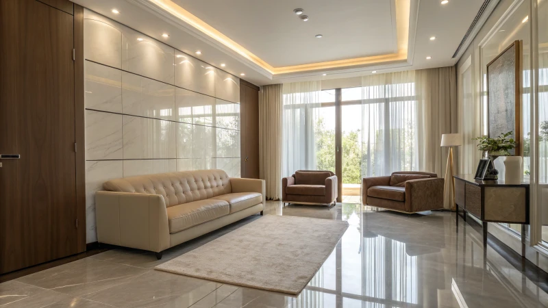 A modern interior room divided into two contrasting finishes