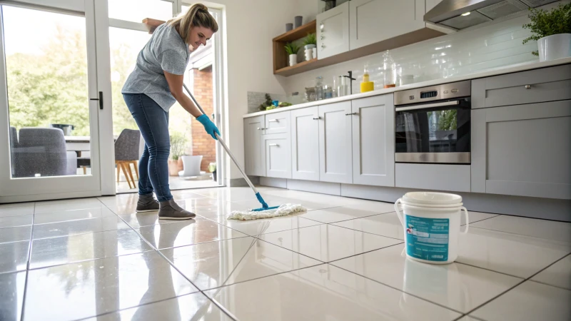 A person cleaning matte porcelain tiles in a modern kitchen
