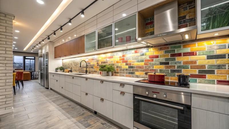 A modern kitchen featuring a vibrant subway tile backsplash