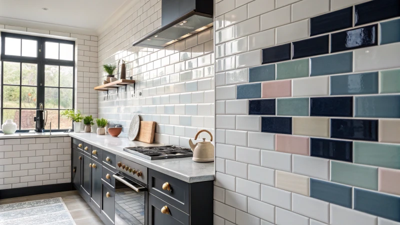 A modern kitchen with colorful subway tiles