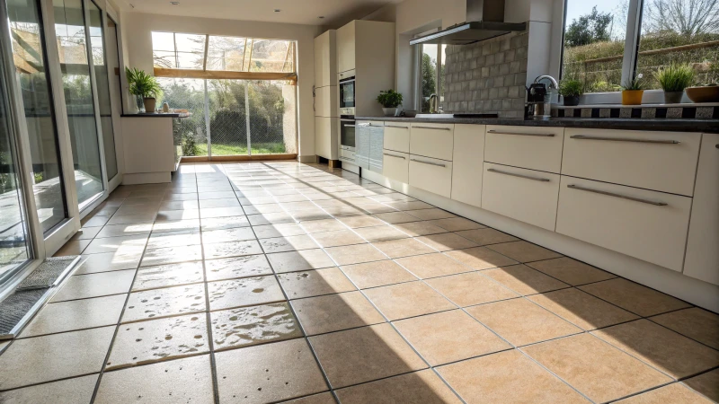 Modern kitchen with uneven tiled floor