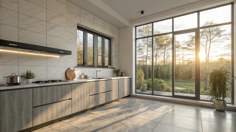 A modern kitchen illuminated by sunlight through a large window