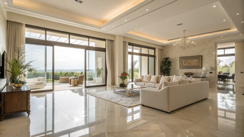 A modern living room with high gloss floor tiles and large windows