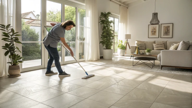 A person cleaning matte porcelain tiles in a bright living room