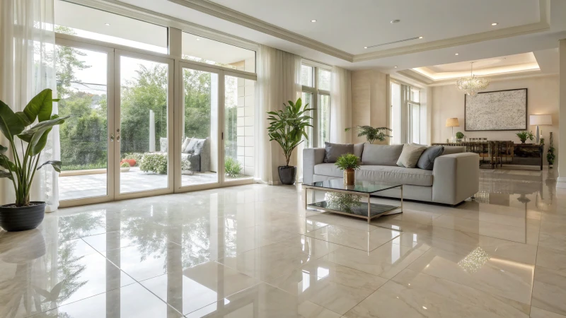 A modern living room with large windows and minimalist decor.
