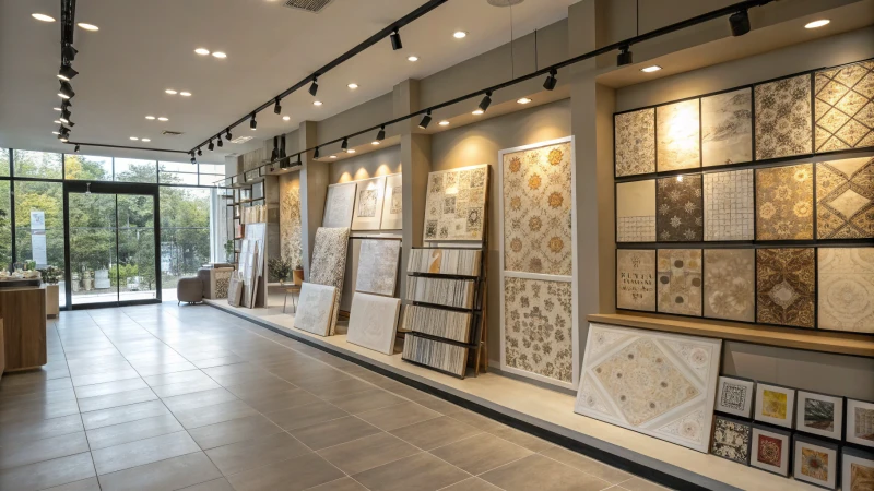 Interior of a modern tile showroom with various China tiles displayed