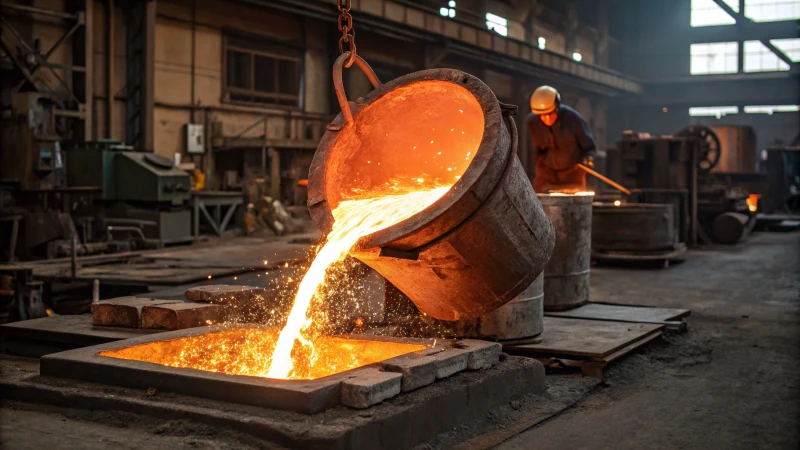 Molten aluminum being poured into a mold at a foundry