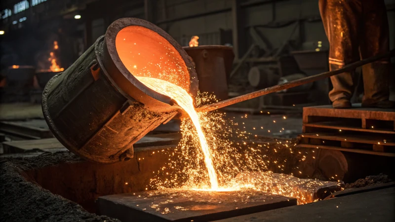 Molten aluminum being poured into a metal mold