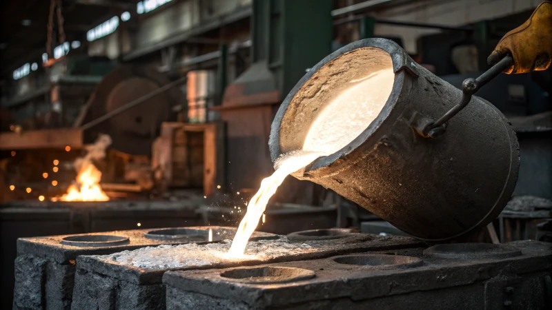 Molten aluminum being poured into a mold in a metalworking shop