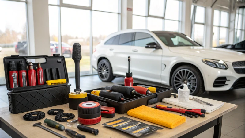 An organized workshop with car scratch removal tools.