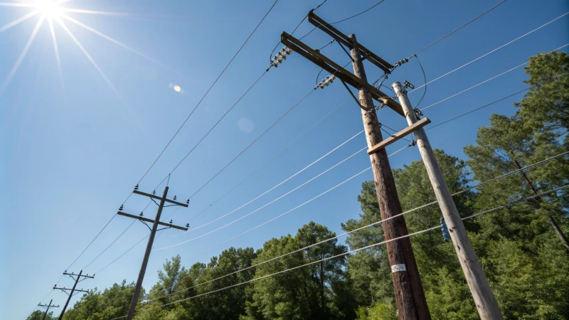 Overhead power lines against a blue sky with trees in the background.