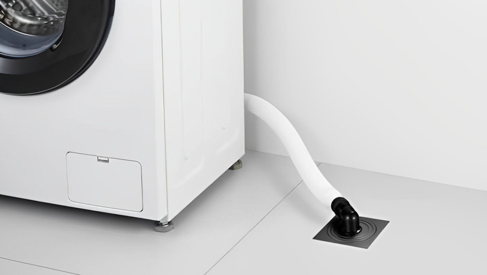 Illustration of a washing machine draining into a floor drain with plumbing codes annotations