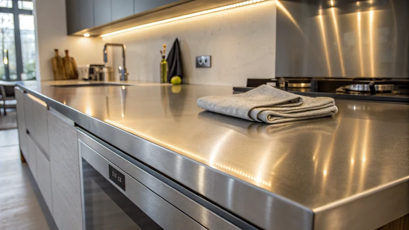 Close-up of a polished stainless steel countertop in a modern kitchen
