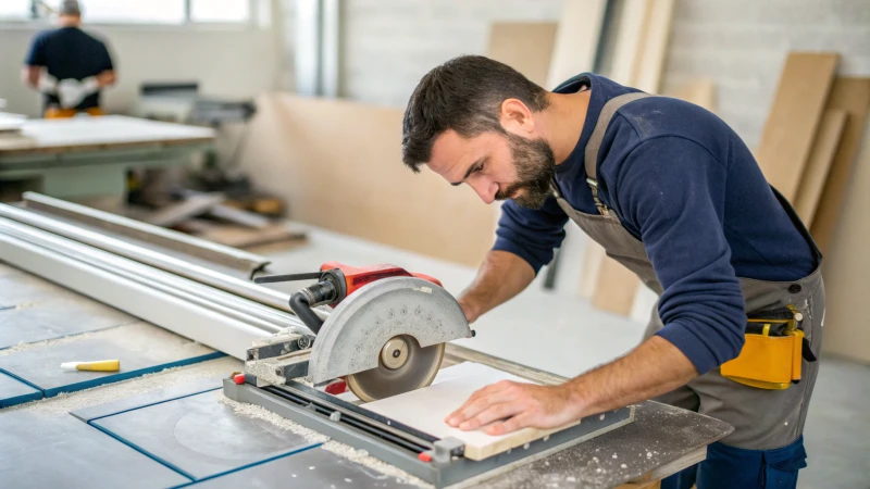 A tile cutter slicing through a ceramic tile with precision.