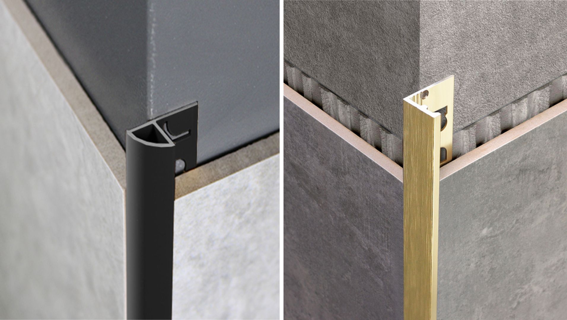 PVC vs Aluminum Tile Trim Comparison of PVC and aluminum tile trims with tiled surfaces