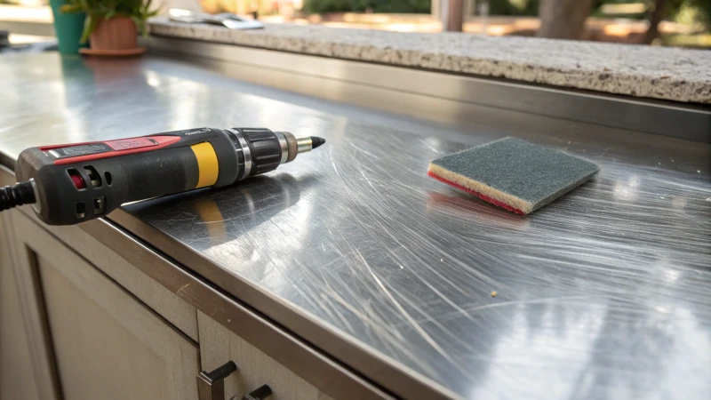 Close-up of scratched stainless steel surface with sandpaper and scratch removal product