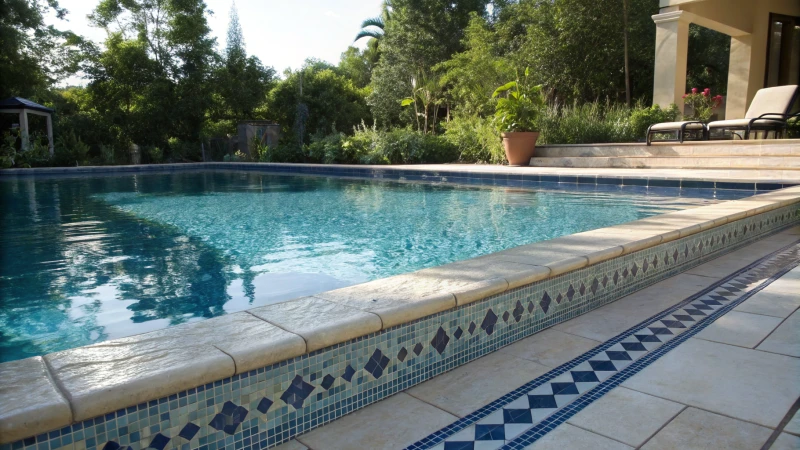 A serene swimming pool area with textured trim tiles and shimmering blue water.