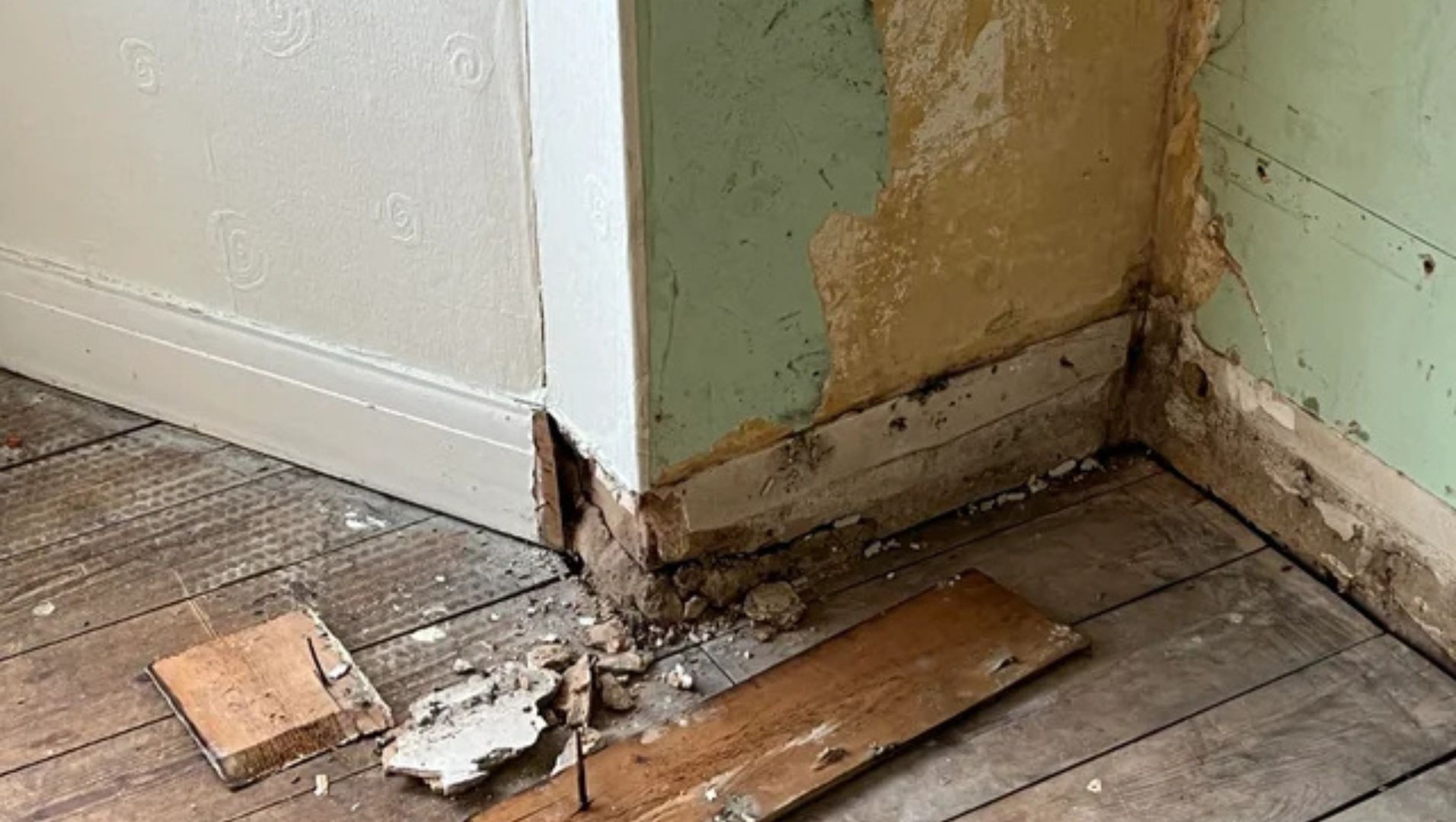 Skirting board separating from a wall due to moisture damage