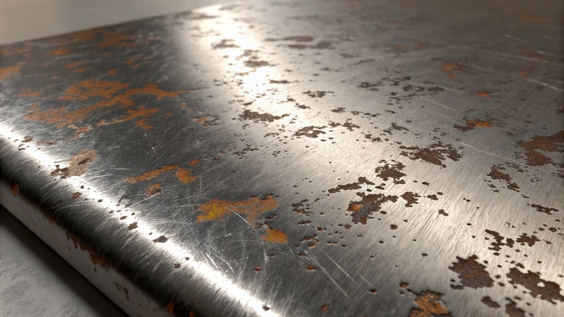 Close-up of a stainless steel surface with black oxide discoloration