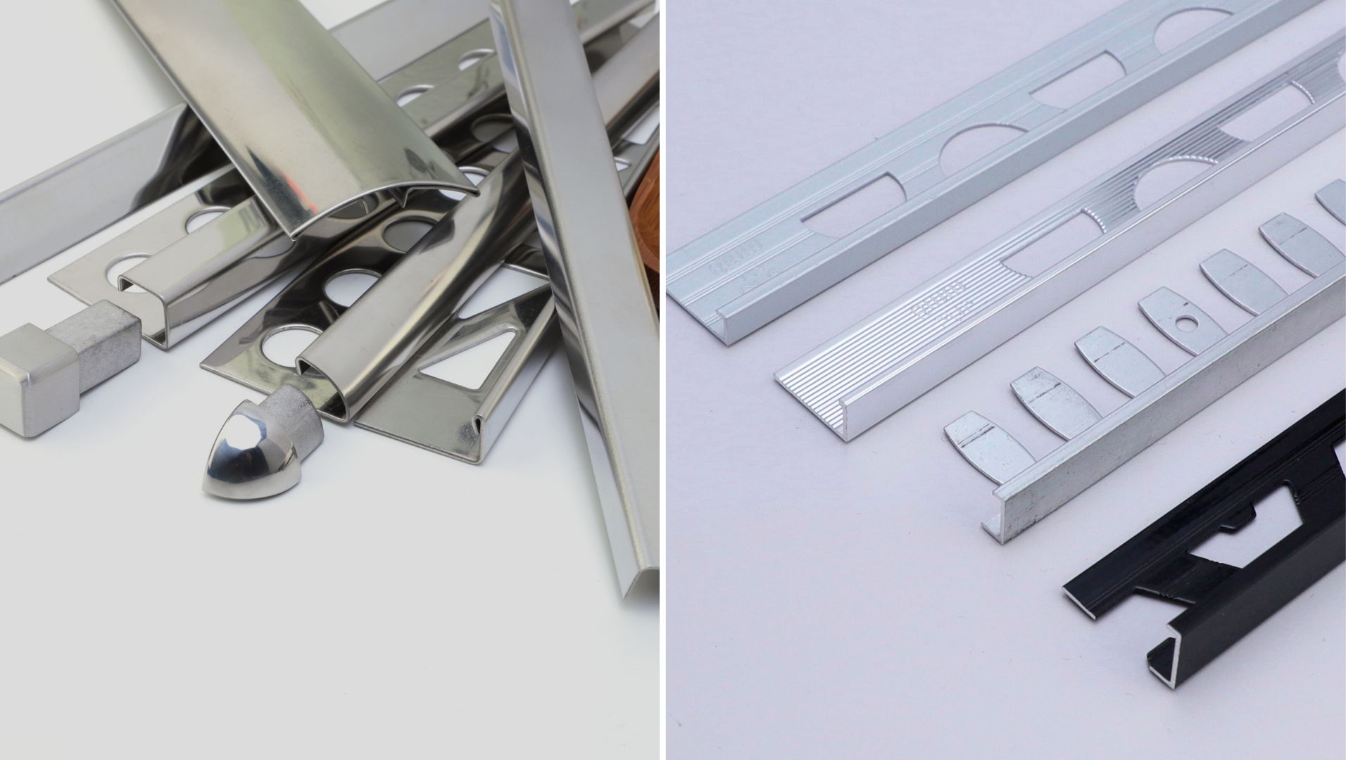Close-up comparison of stainless steel and aluminum tile trim showing texture and finish differences.