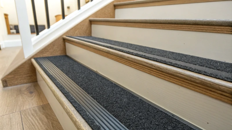 Close-up of stair nosing on a staircase