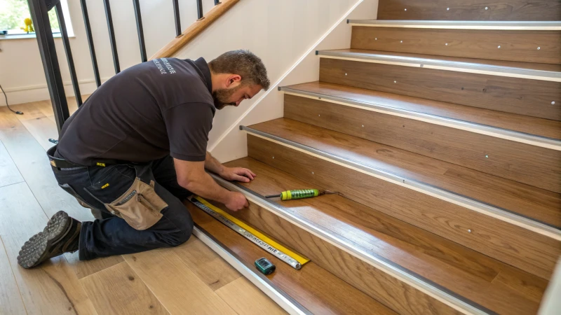 A skilled worker installing stair nosing on wooden stairs