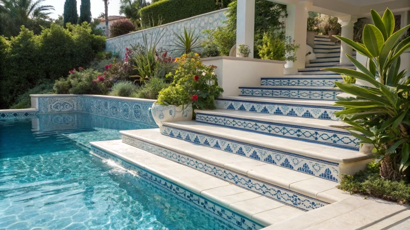 A stunning swimming pool with blue and white trim tiles