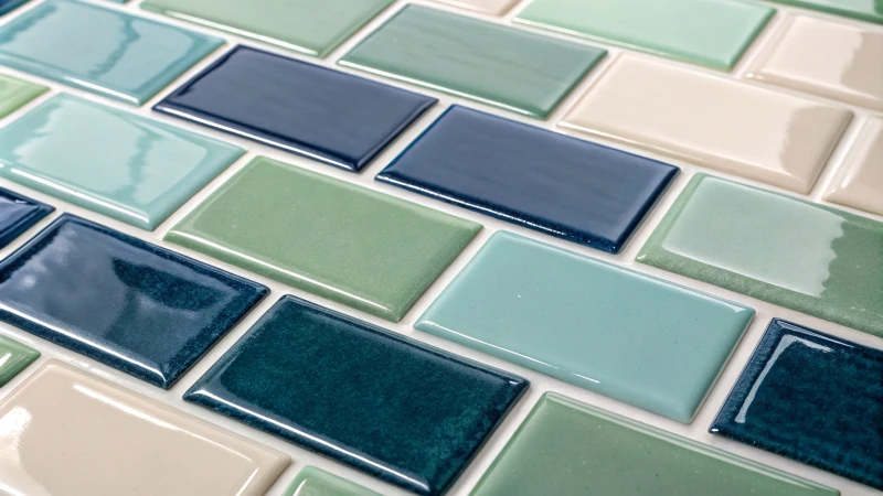 Close-up of glossy subway tiles in trending colors