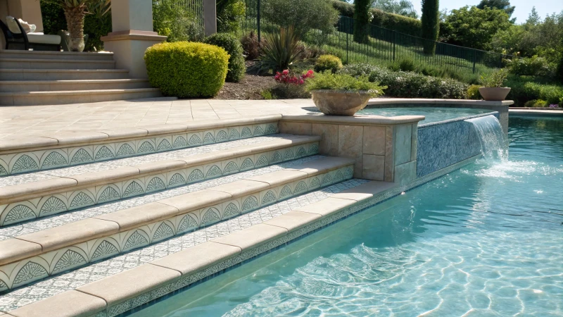 A serene swimming pool with elegant trim tiles