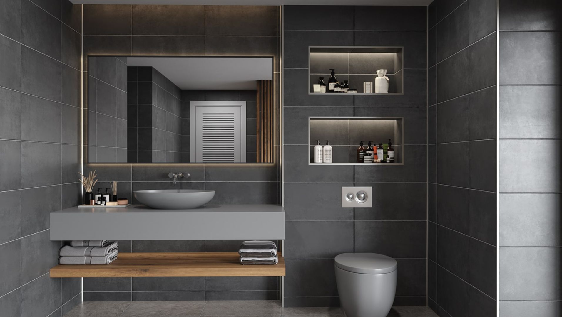 A modern bathroom with elegant tile trim detailing