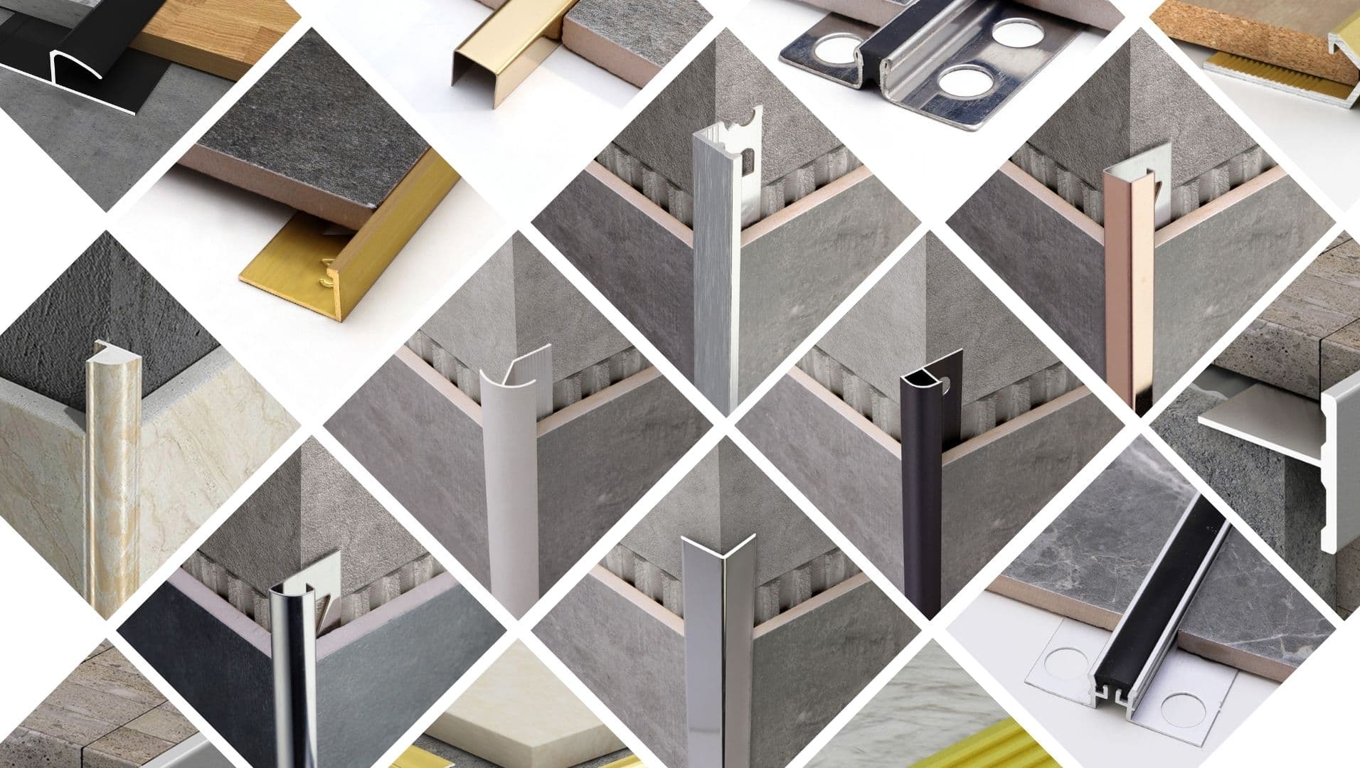 Close-up of various tile trim materials on a wooden table