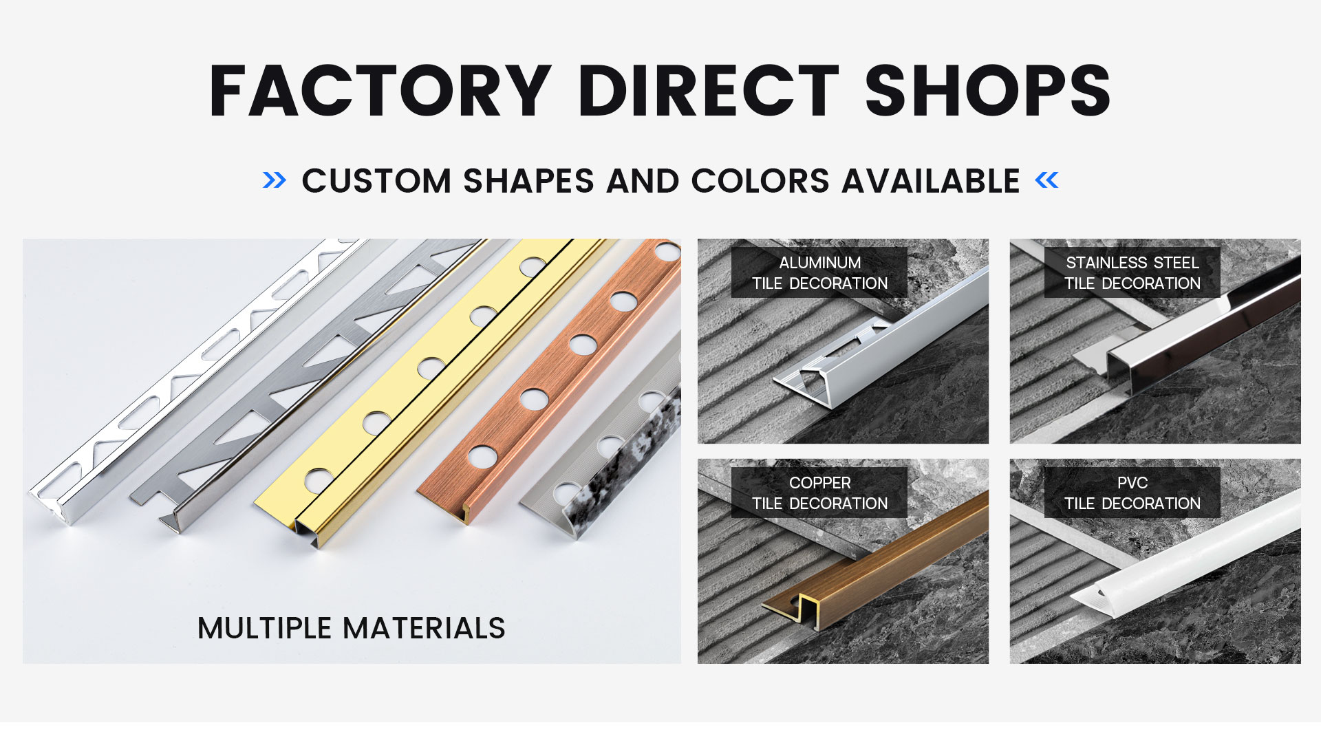 A variety of tile trims in metal, PVC, and ceramic materials on a wooden table.