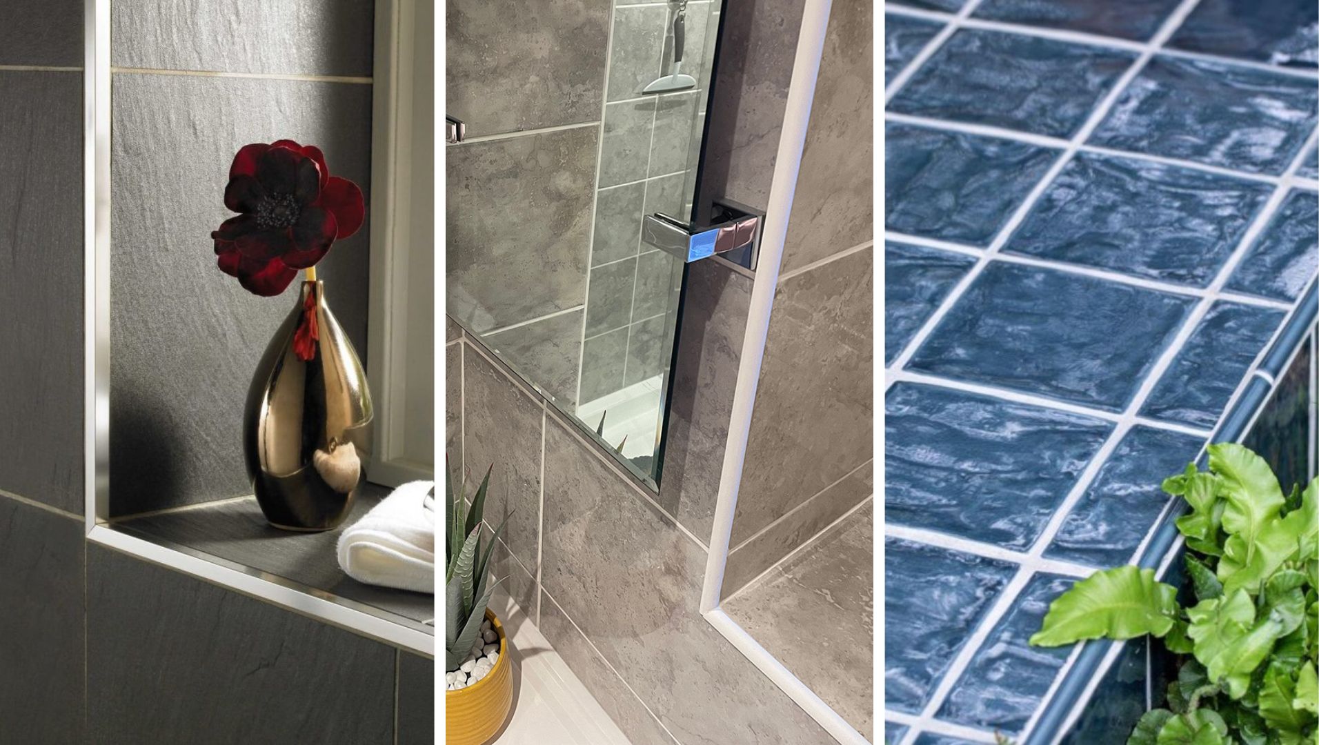 Various types of tile trims including metal, plastic, and ceramic displayed on a surface.