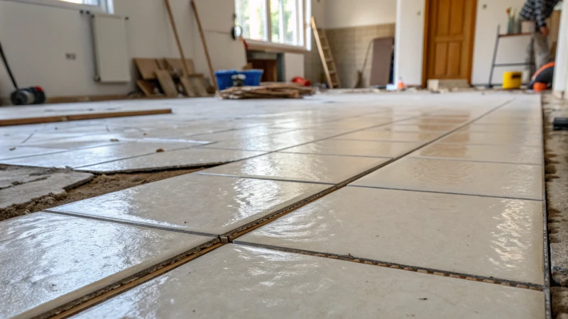 Close-up of a tiled floor with uneven tiles