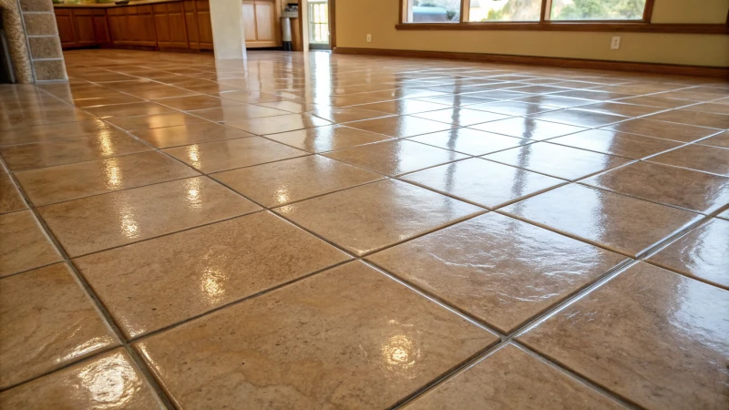 Close-up of a glossy tiled floor with even grout lines