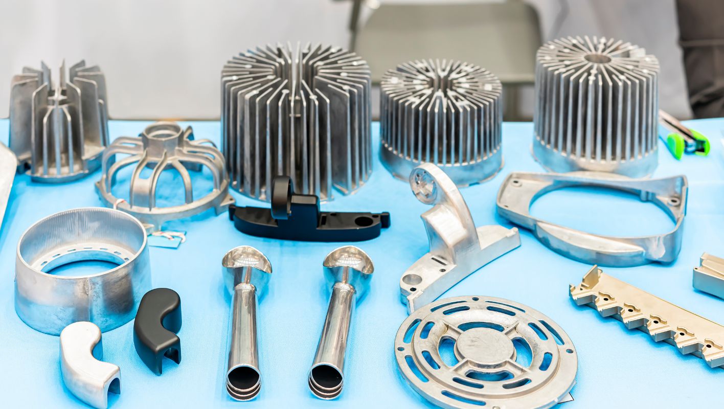 various aluminum die casting on a table